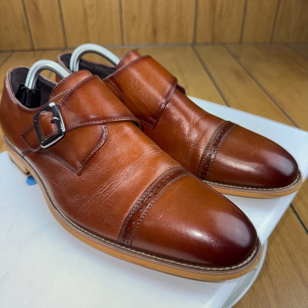 Stacy Adams Mens Cognac Brown Leather Cap Toe Single Monk Strap Shoes 25162-221 - Picture 2 of 16